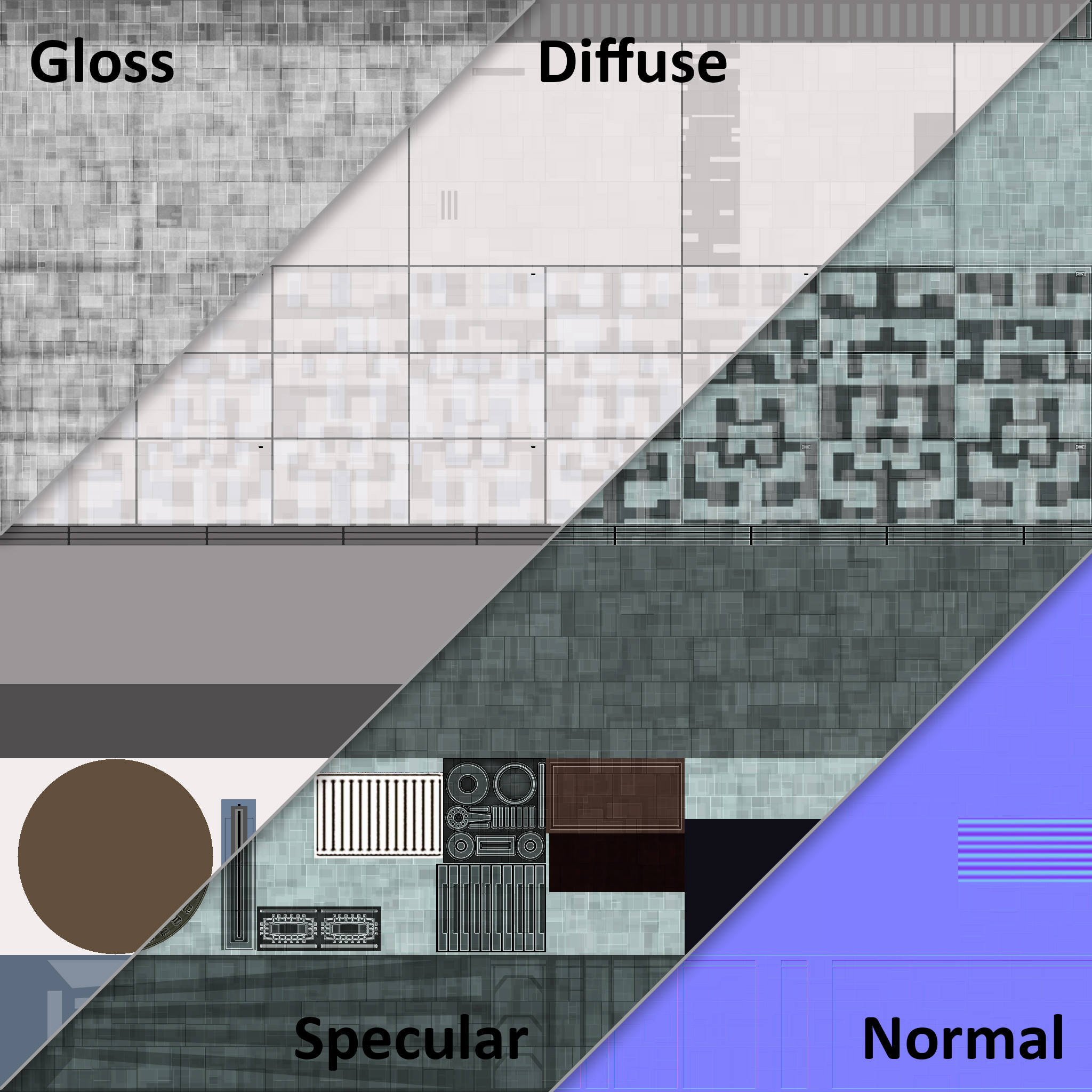 Material cross-section. Star Trek Online uses a material system where every starship is unwrapped to the same UV template, meaning we build most detail into the geometry and map those parts to appropriate sections on the material template.