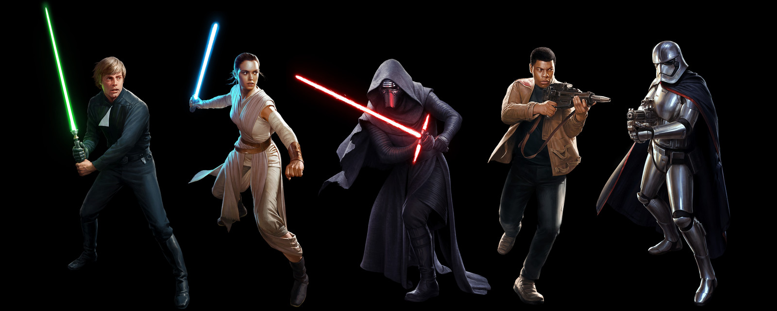 From Left: Luke Skywalker, Rey, Kylo Ren, Finn, Captain Phasma