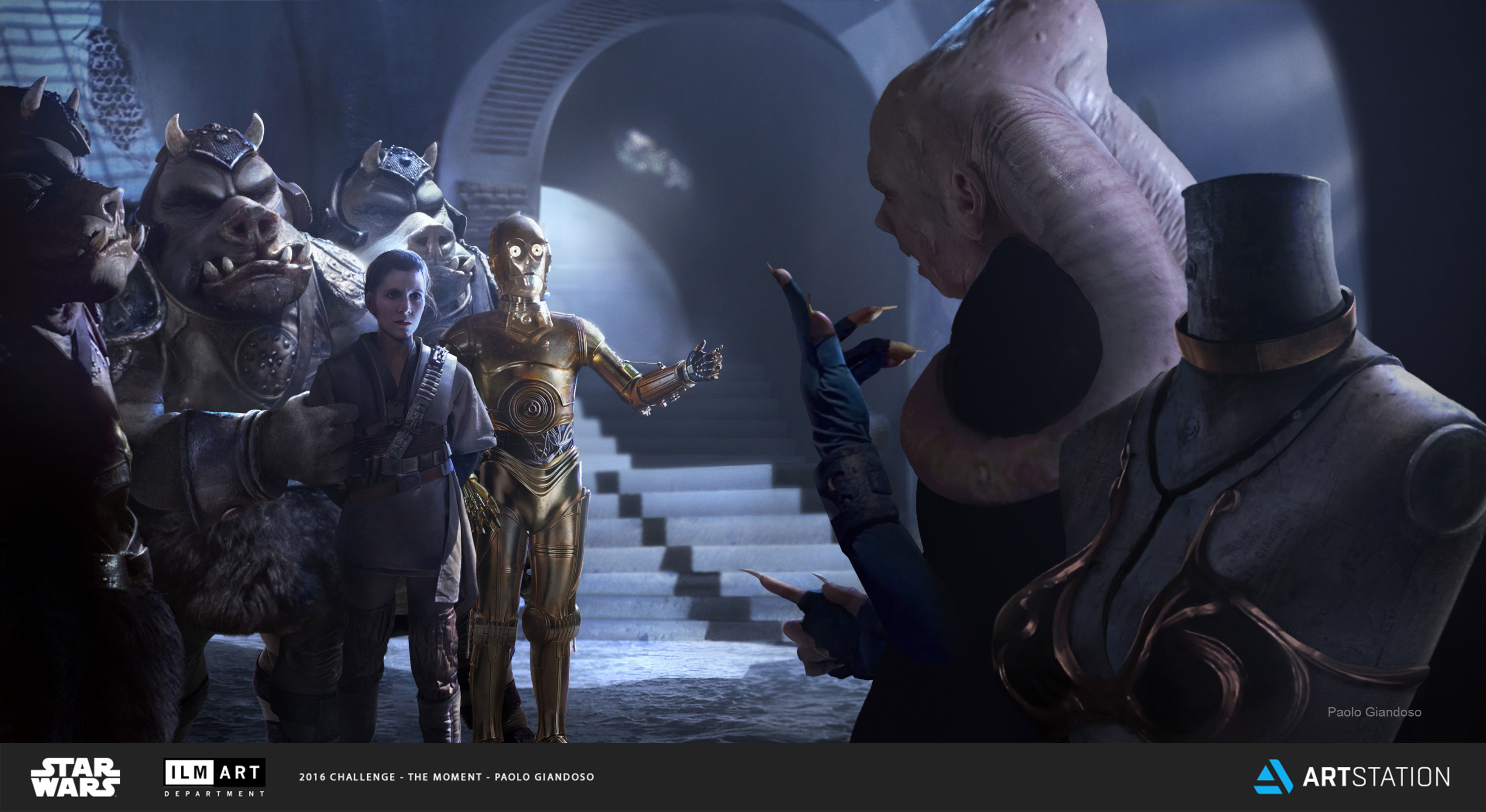 Oh Dear!:
This moment happens right after Leia has been unmasked in Jabba´s palace. Bib Fortuna shows Senator Organa what garment His Excellency wants her to wear from now on.  C3PO is of course there to translate.   