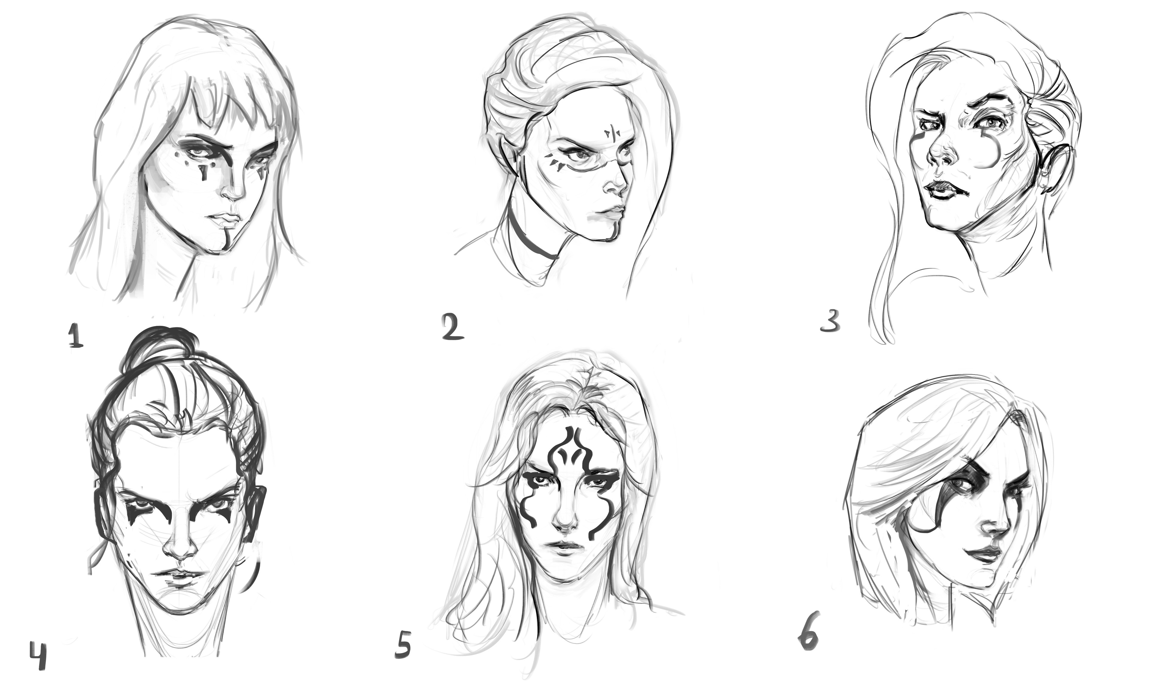 Head sketches and explorations in order to convey something that is more telling of who this character is.