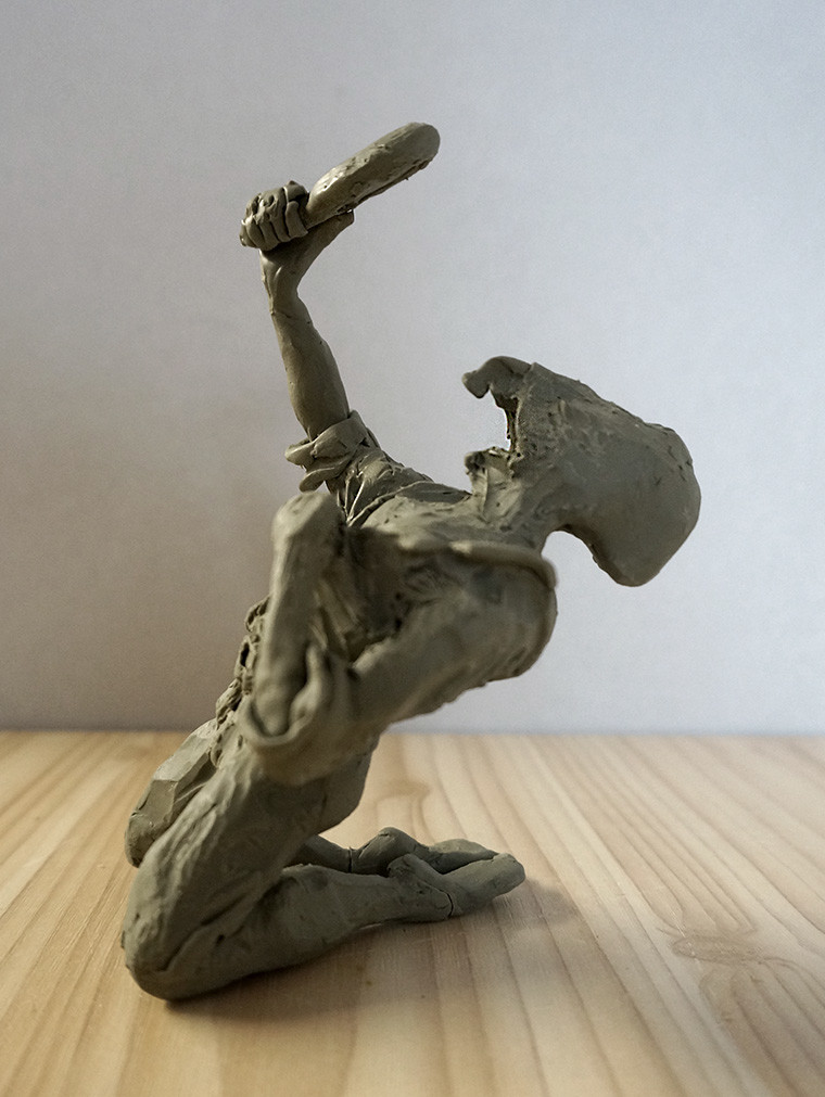 With my pose I want to show the pain he feels, while he discoveres his new visage in the mirror. He has to be literally crushed by the 'weight' of this awareness. So I sculpted an analogue prototype with clay to define a pose of this kind.