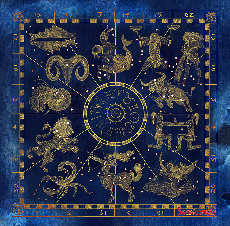 Vera Petruk Samiramay - Chart with golden zodiac symbols and red ...