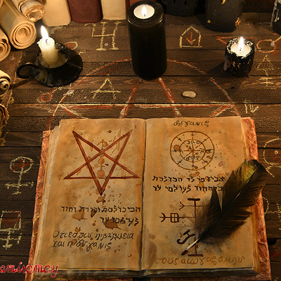 Vera petruk samiramay 20 black candles and open magic book with pentagram