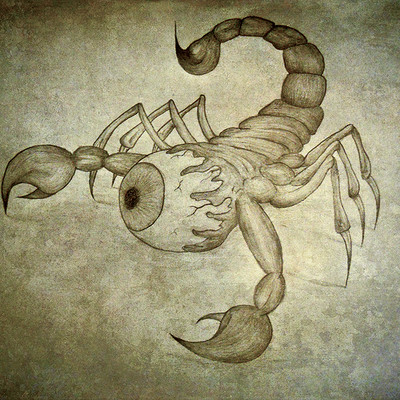 black and white Pencil sketch of a black scorpion sitting on a rock in the  desert