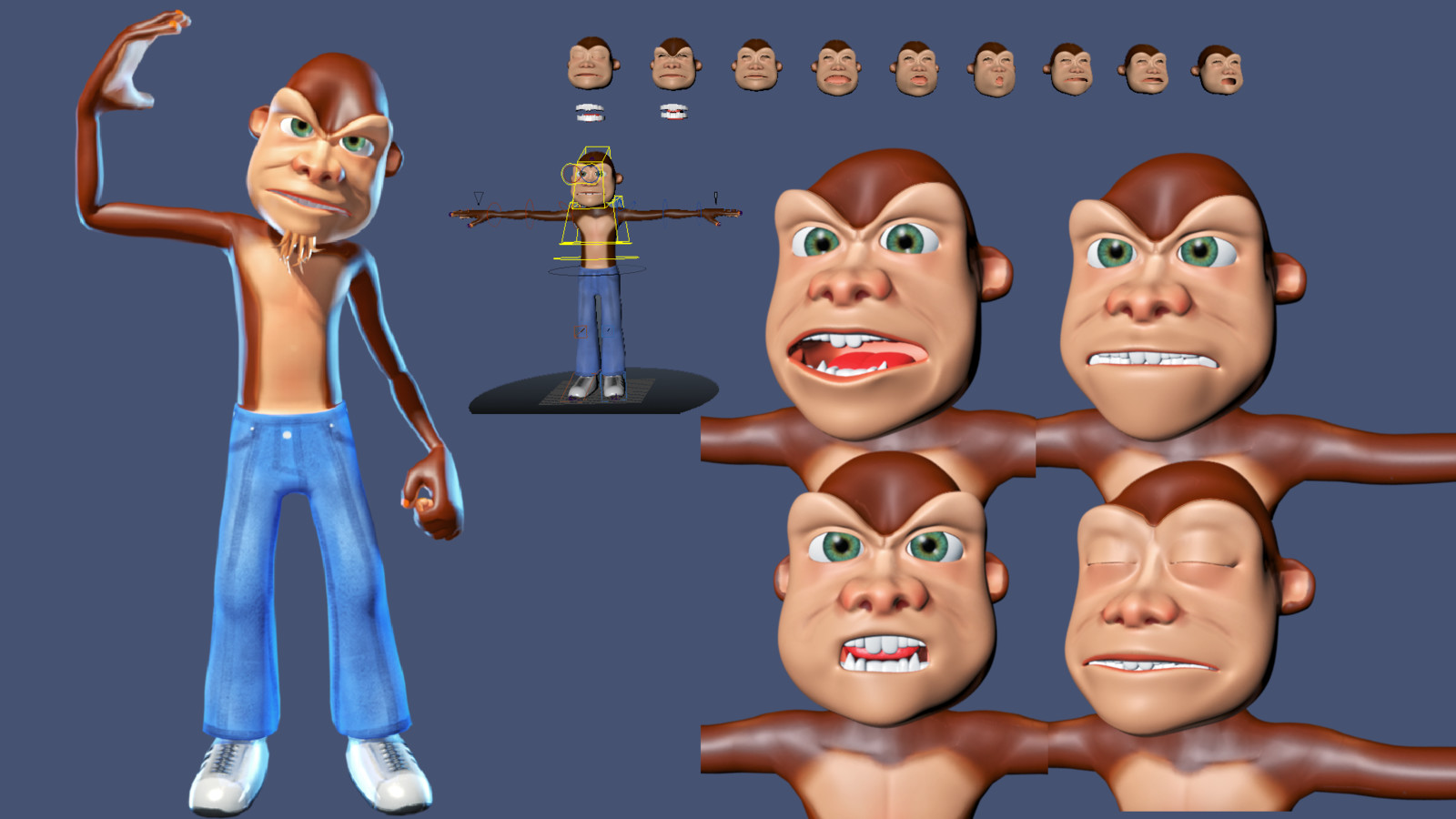 The fifth monkey is made entirely in 3D. First sculpted then brought in Maya for  geometry adjustments, rigging and animation. Textured in 3D space, face animation using mostly blendshapes and animation from a lot of references. The style is original.