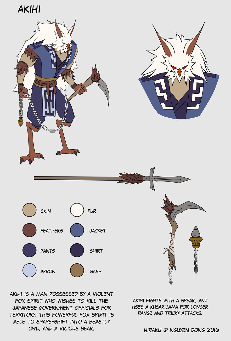 Akihi (Owl Form) - An Ainu warrior is possessed by a malicious mythical fox transforms into this owl beast form when he gets angry.