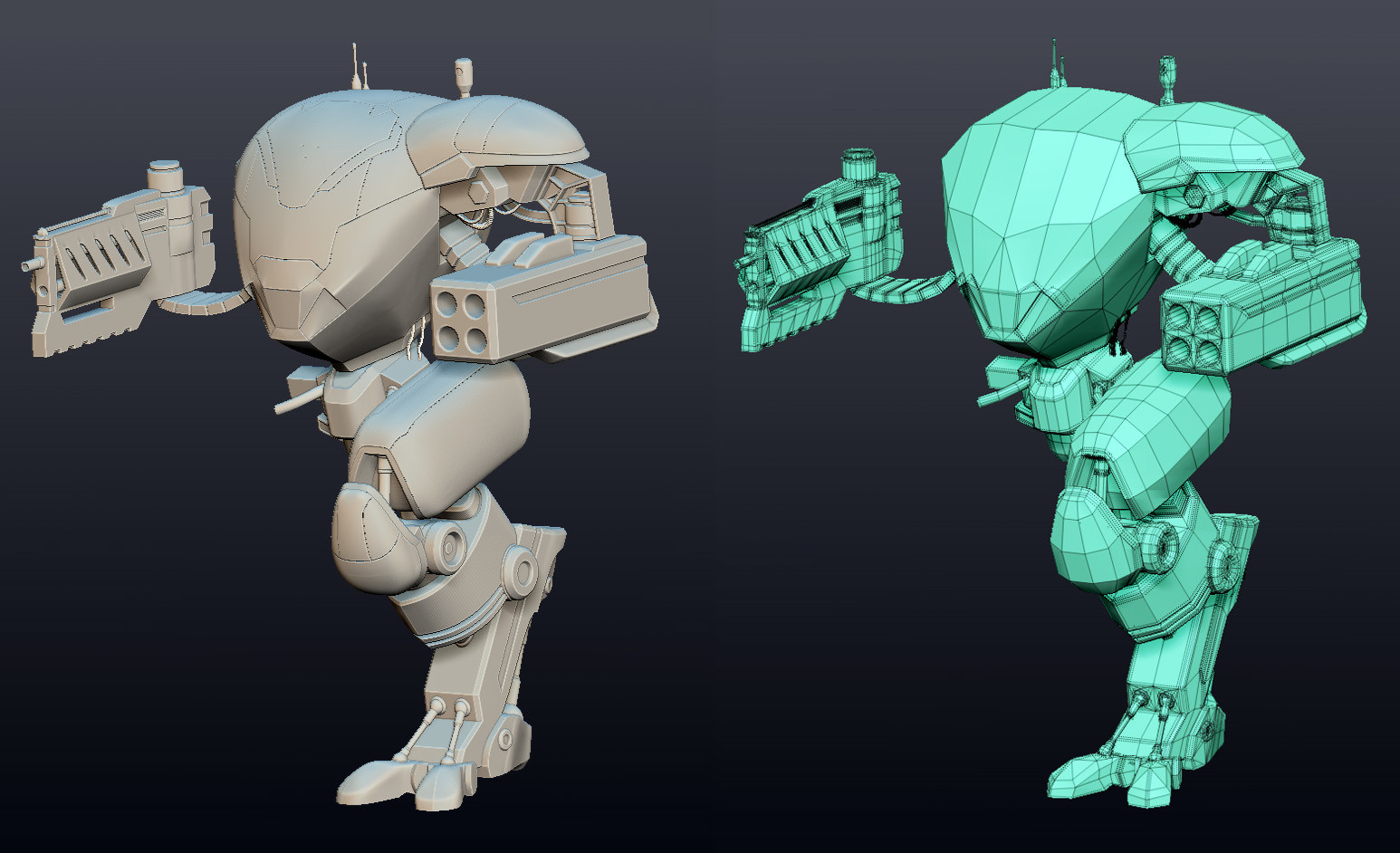 Zbrush high mesh for extra details/panels and the low zmodeler base mesh