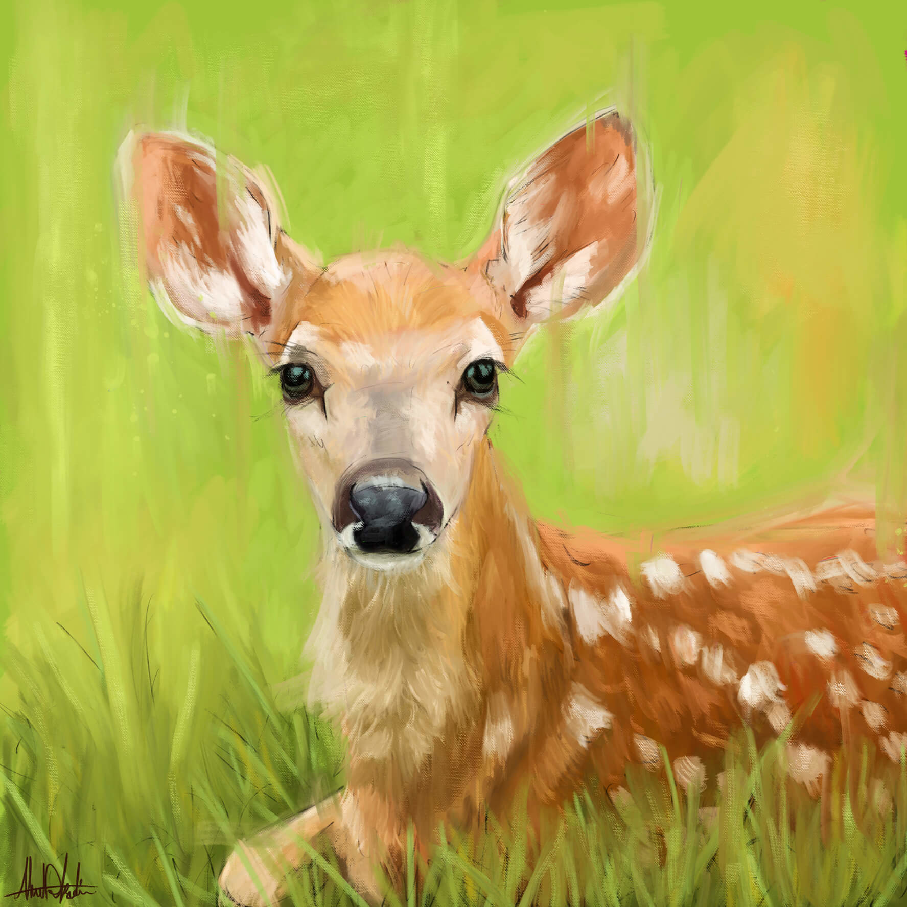 Artstation Cute Deer Baby Painting With Green Background Painted