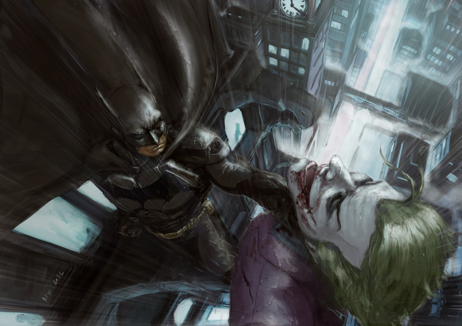 bats and joker in the rain, being all romantic