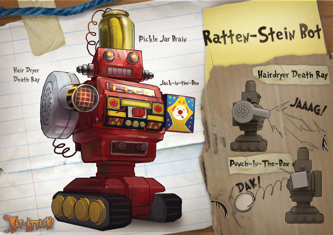 The pickle jar powered robot is Dr. Rattenstein's ultimate weapon.