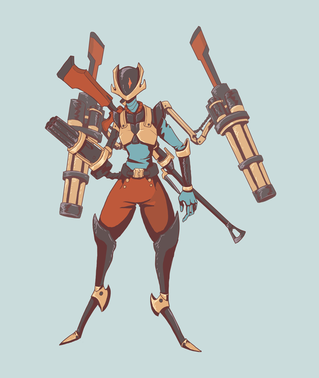 A miscellaneous character design for a robot/cyborg character that has lots of guns. He uses the guns on his back as a turret or to bast himself into the air.