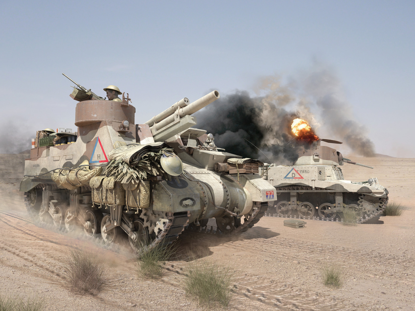 British M5 105mm Priest passes burned out Stuart Tank in El Alamein, Osprey Publishing. Created in 3D studio max, rendered in V-ray with some photoshop. Royal Horse Artillery insignia and colours.