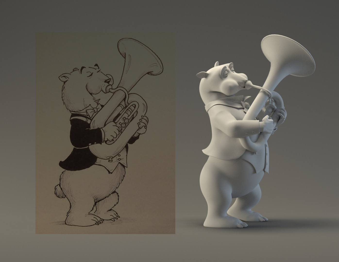 Comparison of final pose to 2D concept. Once rigged, character was matched up to the original illustration, with some further tweaks of course. 