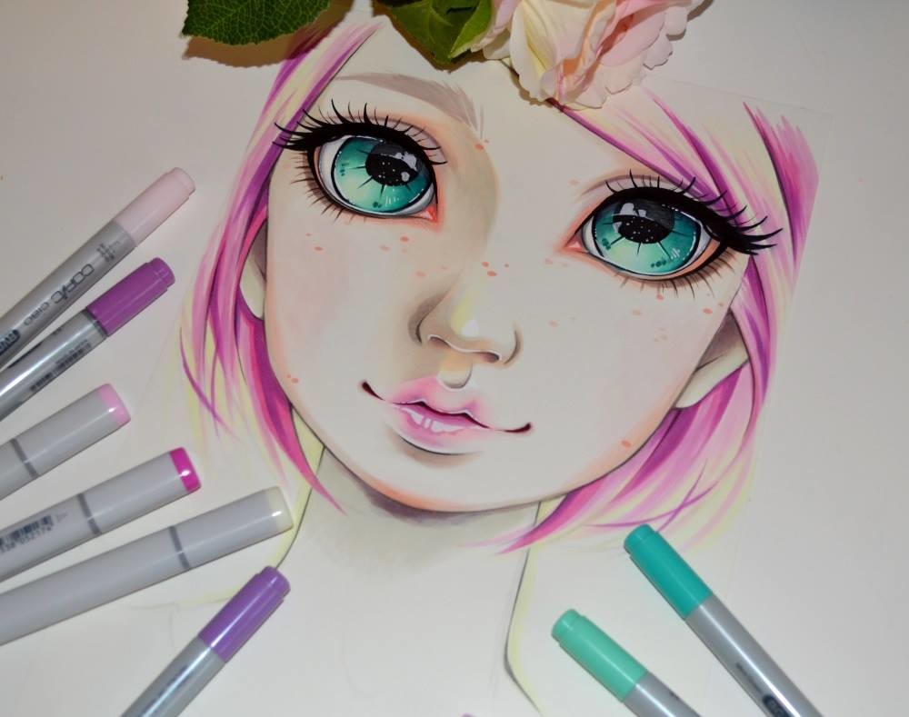 ArtStation - Pink Haired Girl / Portrait Tutorial / Copic Marker