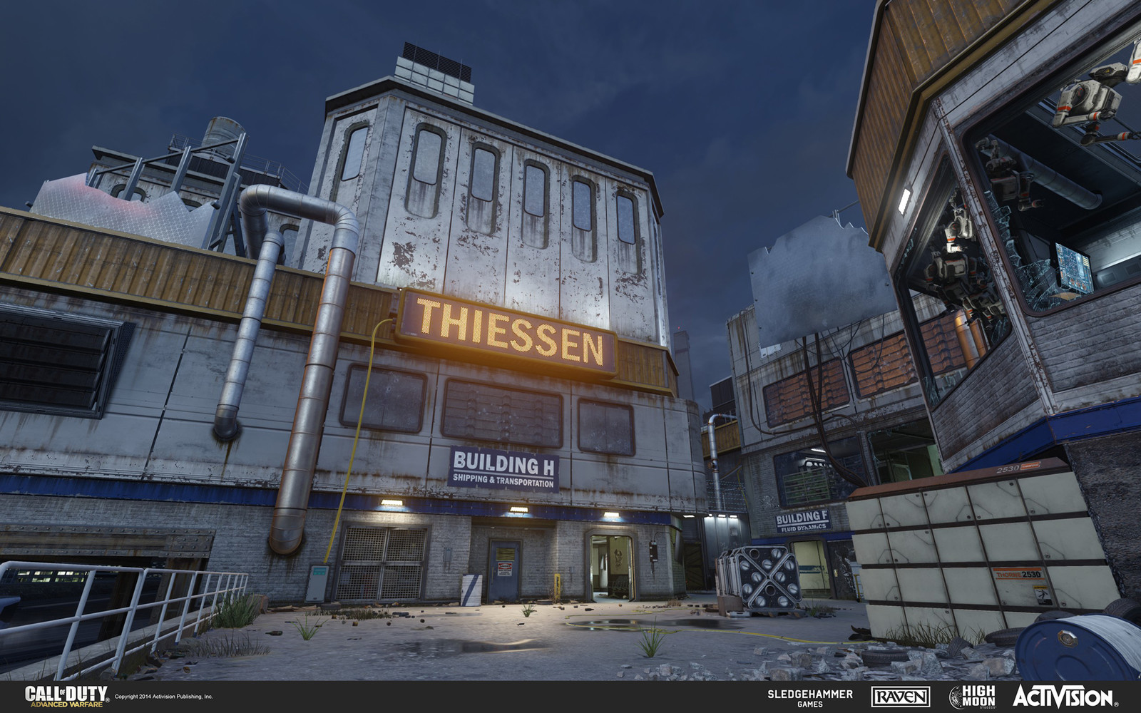 Responsible for back left building. World geo / texture application, created water corrugated metal / water puddles, and "Thiessen" sign prop. Lighting by Susan Devenero.