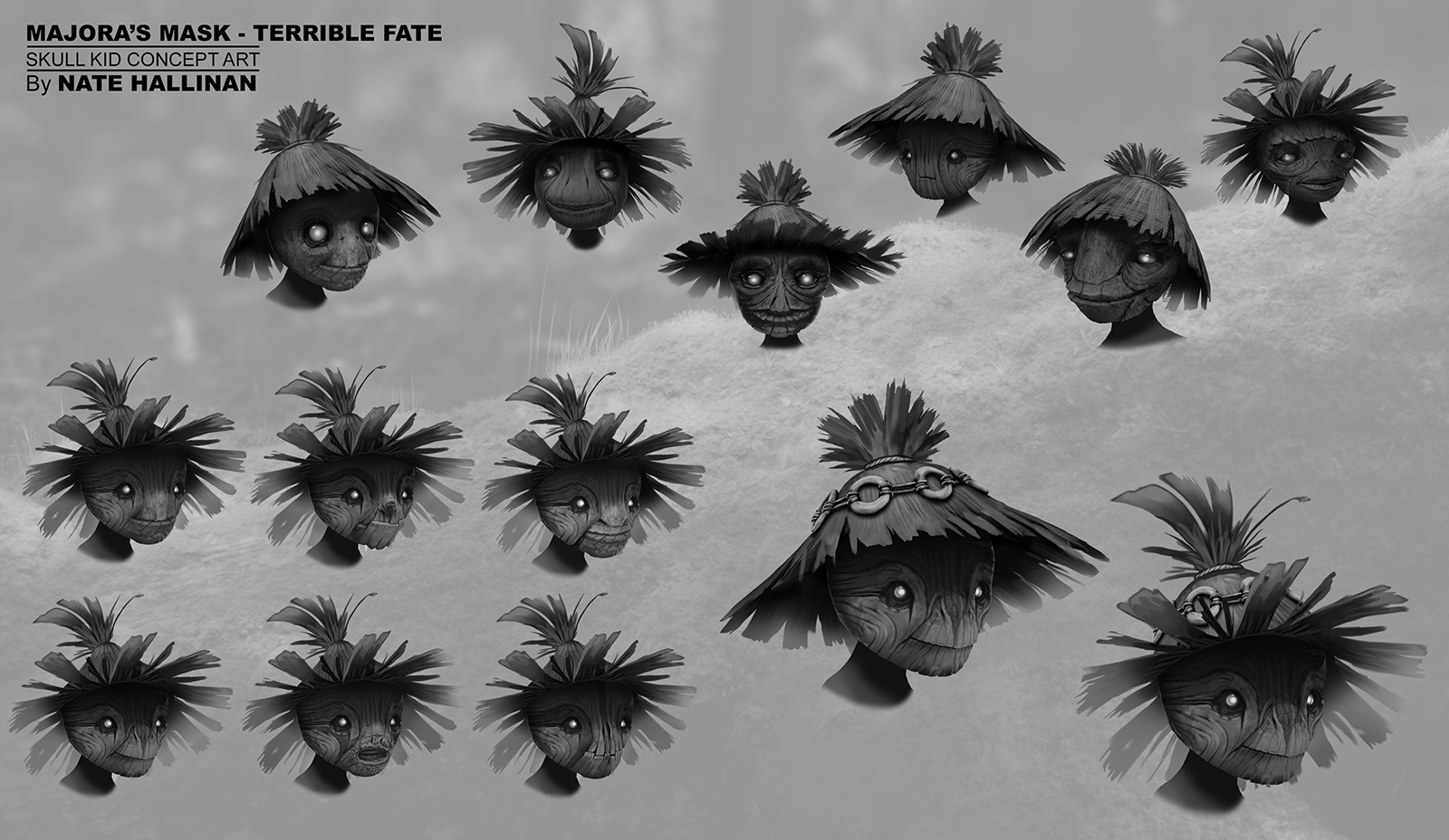 Skull Kid Face Rough designs. We wanted to make something that was kind of cute but played with making him a little creepy too/