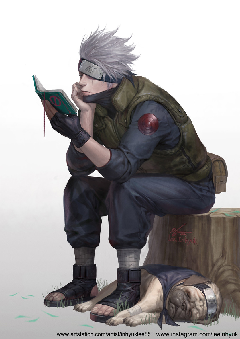 Kakakshi reading a book &amp; sleeping Pakkun
