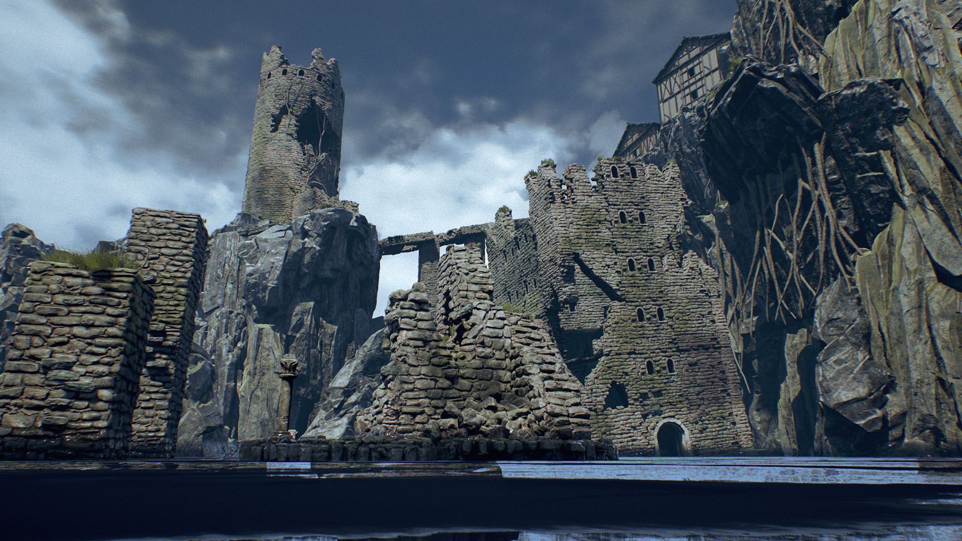 High quality models and textures of old buildings, ruined towers, cliffs, f...