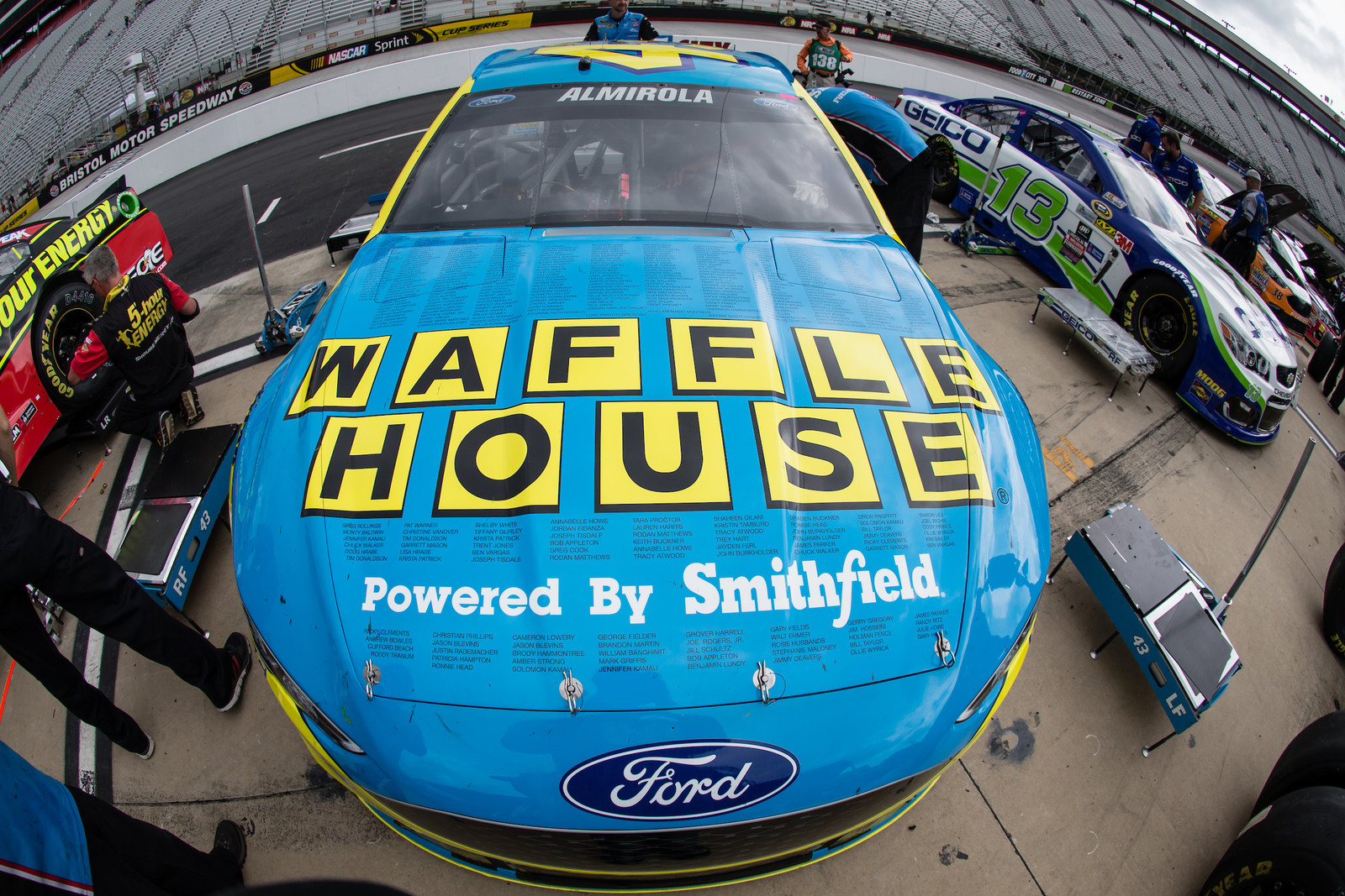 As part of the Waffle House Race For Rewards promotion, the hood of the #43 Waffle House Ford Fusion is decorated with the names of some very lucky race fans!
Photo taken at Bristol Motor Speedway by Brad Schloss