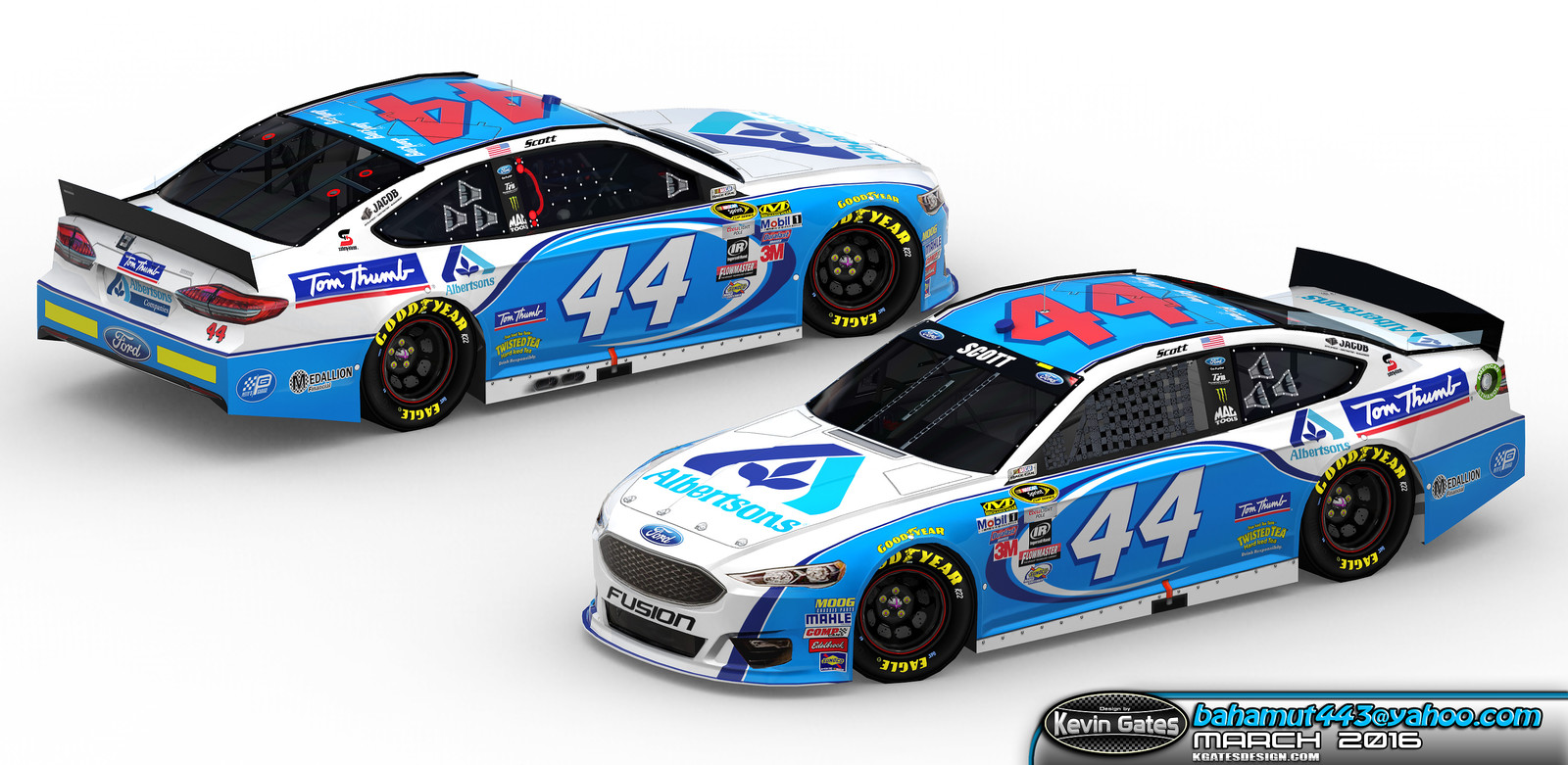 Original Autodesk 3DS Max render of the finalized 2016 #44 Albertsons / Tom Thumb Ford Fusion driven by NASCAR Sprint Cup Series driver Brian Scott of Richard Petty Motorsports