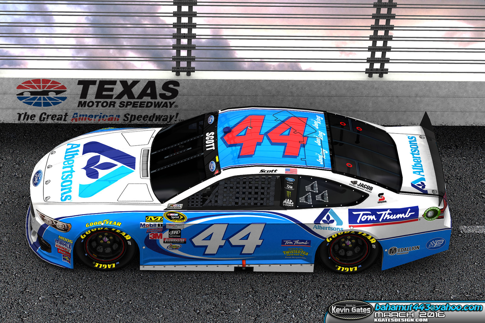 Original Autodesk 3DS Max track render of the finalized 2016 #44 Albertsons / Tom Thumb Ford Fusion driven by NASCAR Sprint Cup Series driver Brian Scott of Richard Petty Motorsports