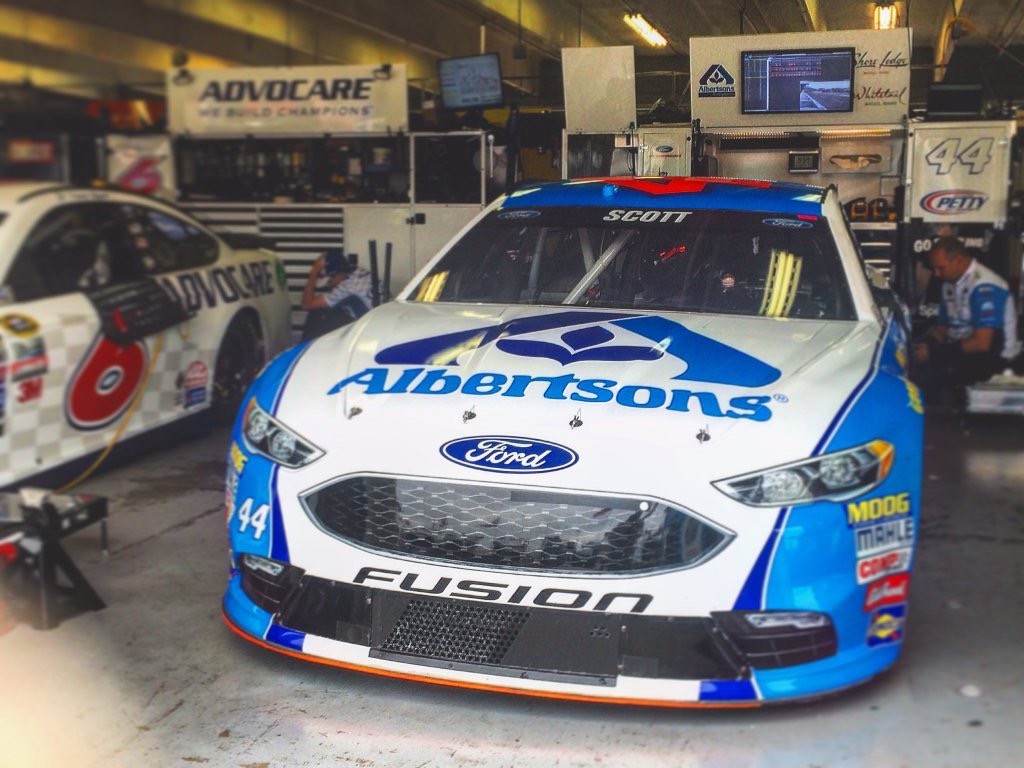 The #44 Albertsons / Tom Thumb Ford Fusion in the garage at Texas Motor Speedway on April 8th, 2016
(Photo credit: Rick Pendergraft)