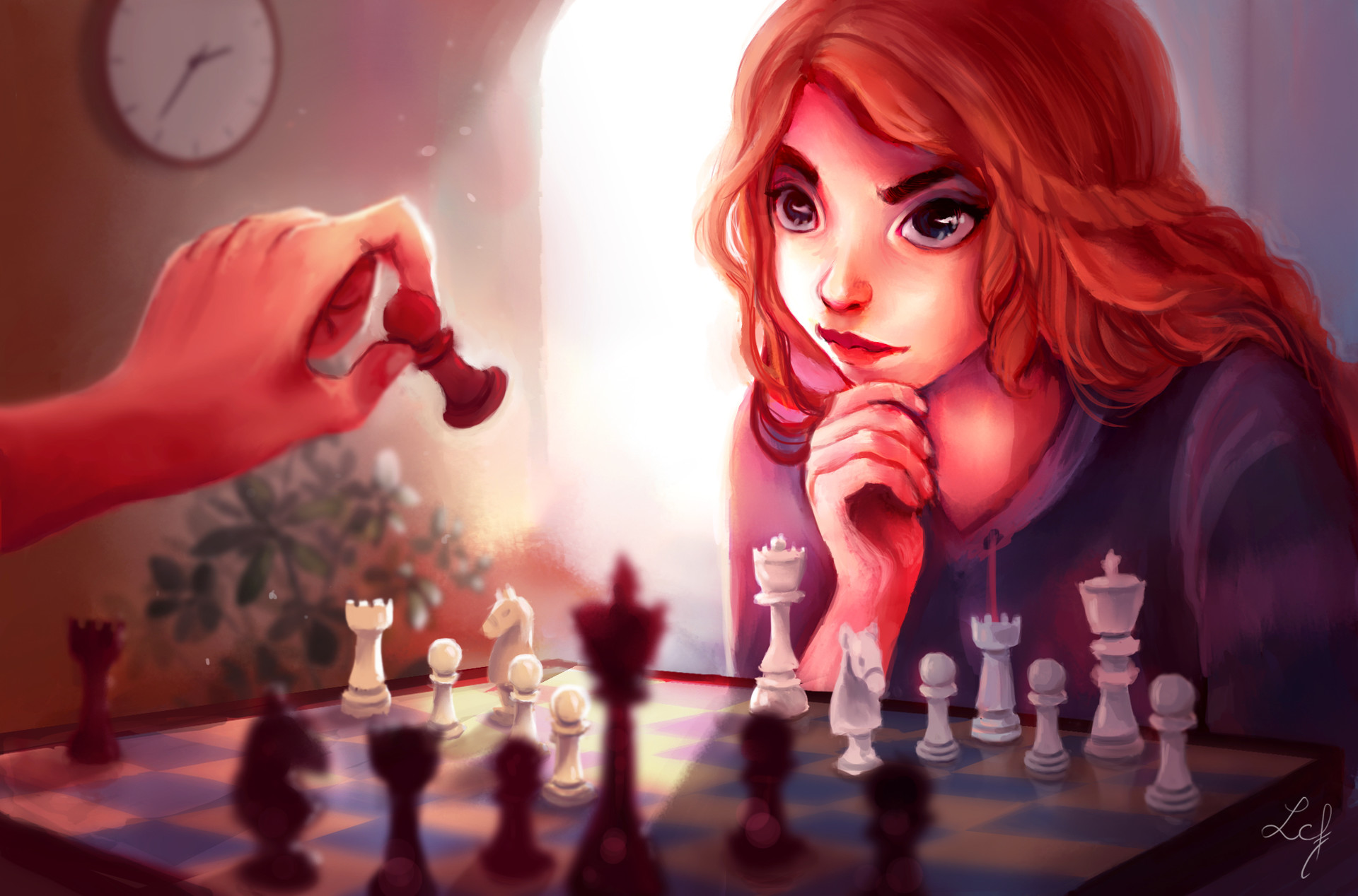 Девушка играет сама. Шахматы девушка арт. Шахматы девушка рыжая. Шахматные арты.