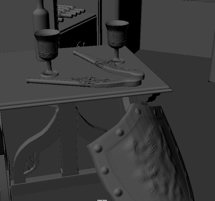 The table needs some love. A flintlock pistol with a shield and a goblet for all the wine,