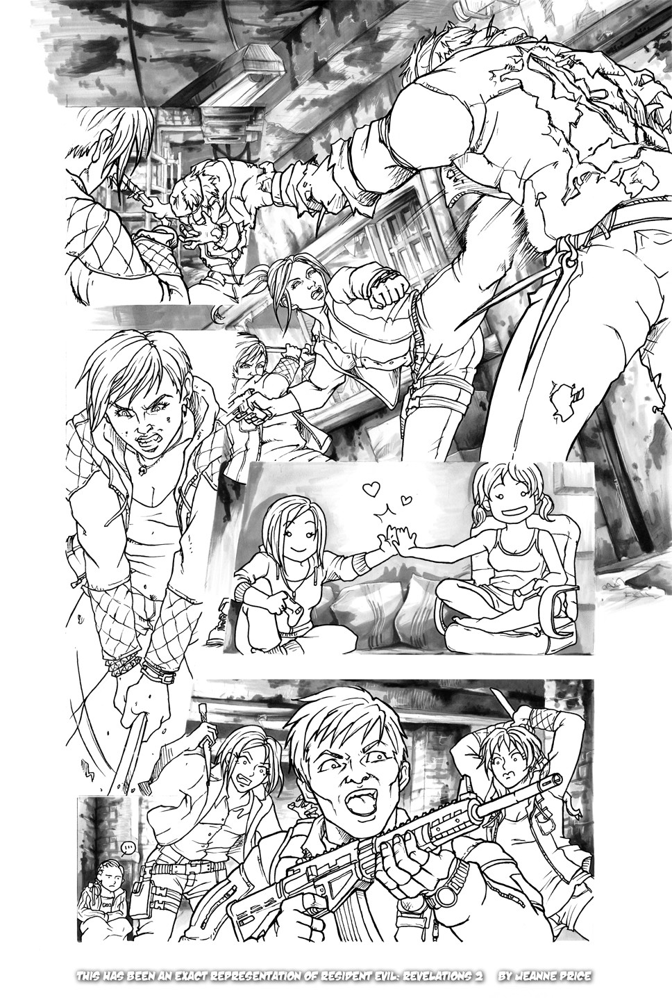 With the characters inked I refine the background in pencil, then shade it in grey-scale using markers.