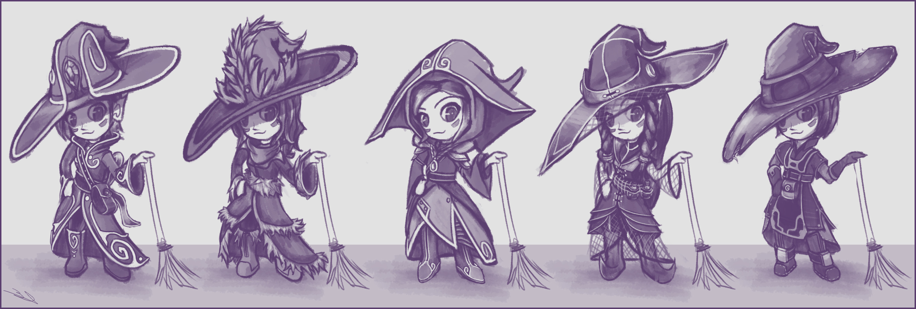 Initial costume concepts! The 5th outfit was chosen by the majority of people asked.