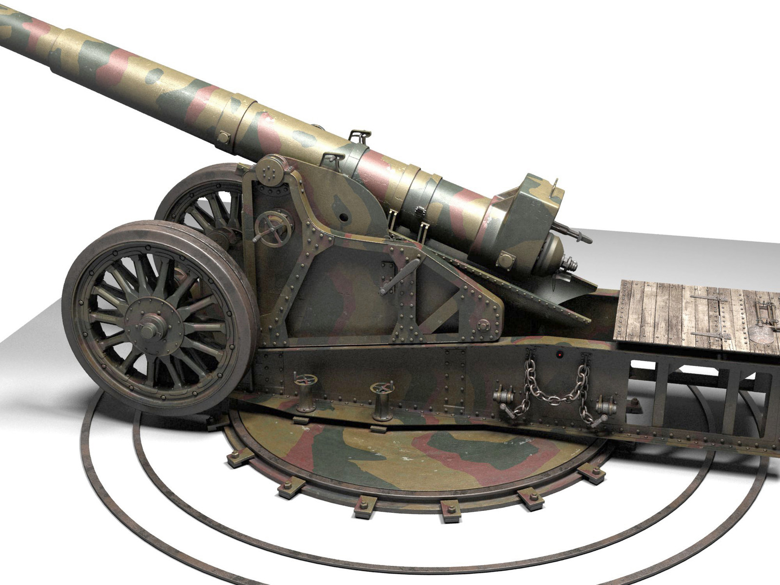 I researched camouflage patterns used on the guns in the Channel Islands in WW2, then created textures and bump maps to add to the realism when rendered. 