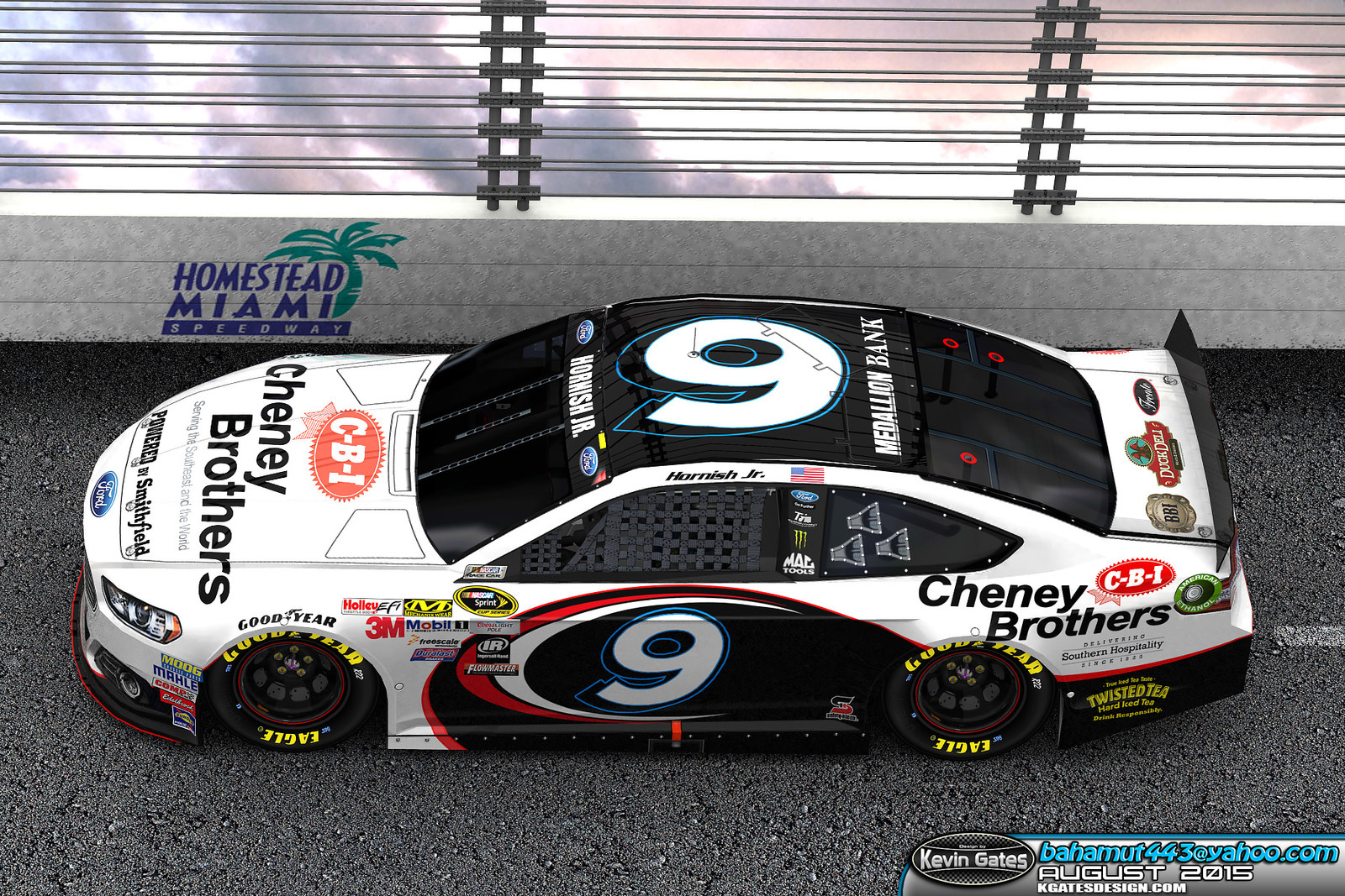 Original Autodesk 3DS Max Daytona track render of the finalized 2015 #9 Cheney Brothers, Inc. Ford Fusion driven by NASCAR Sprint Cup Series driver Sam Hornish Jr. of Richard Petty Motorsports