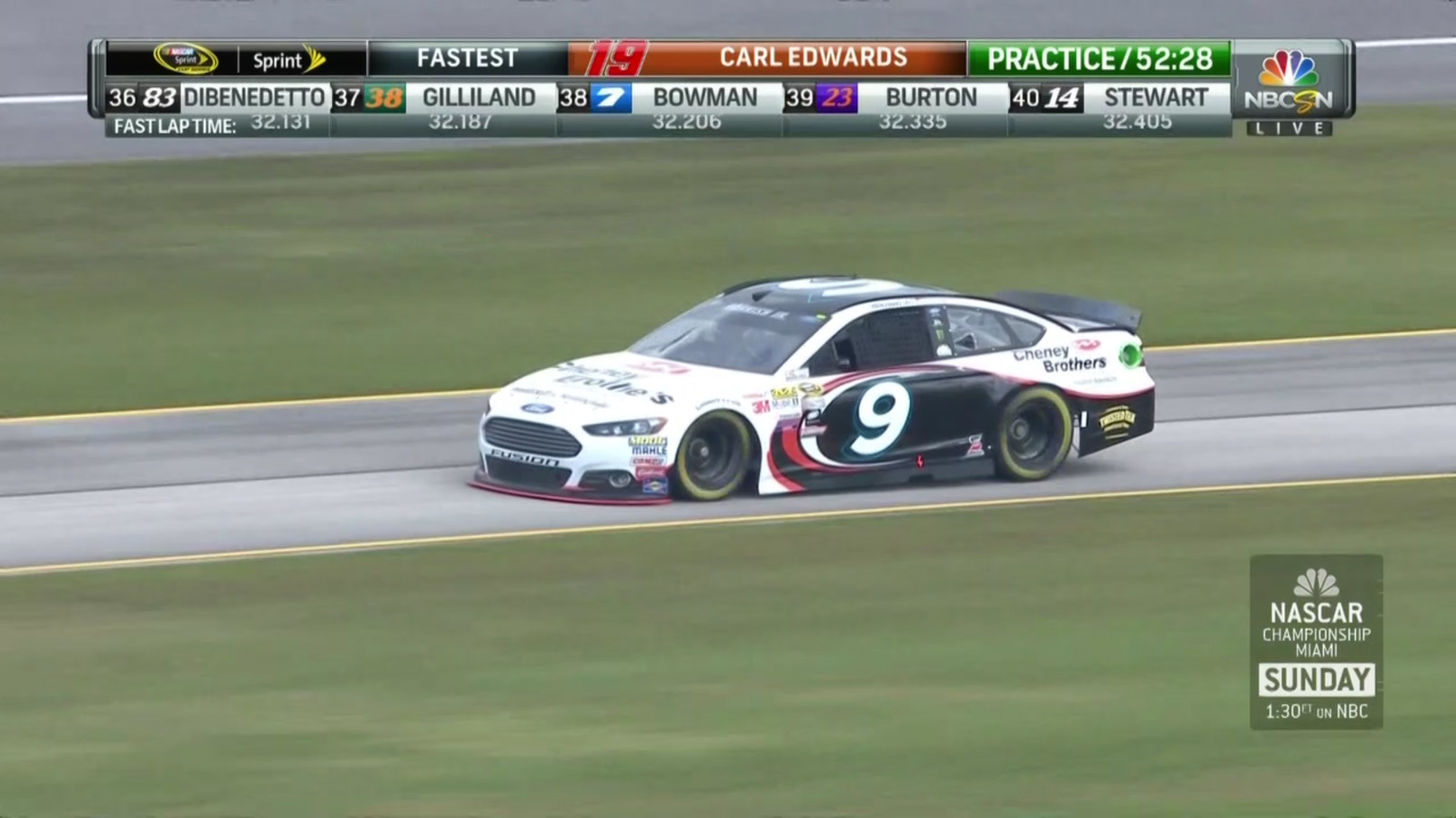 The #9 Cheney Brothers Ford Fusion coming on to pit road during a practice session for the Ford 400 as seen live during an NBCSN broadcast feed from Homestead-Miami Speedway on November 20th, 2015