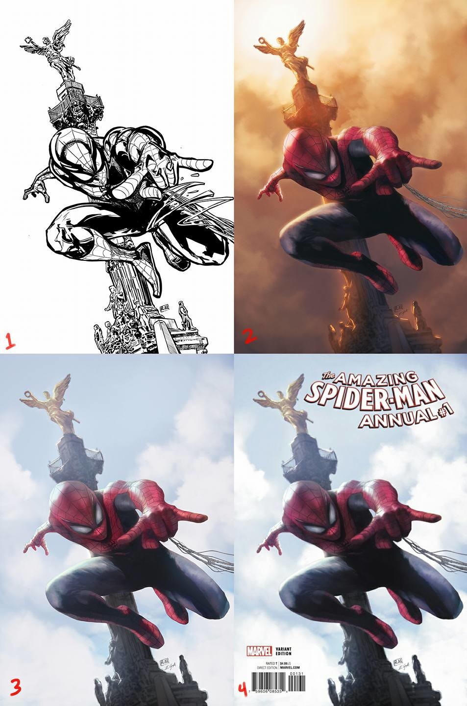 1.- Line art from Raúl Valdés.
2.- I made some adjustments on the anatomy of the awesome Raúl's line art and did the first color painting, but the guys in Marvel asked for a blue sky.
3.- Painting with the blue sky.
4.- Final adjustments