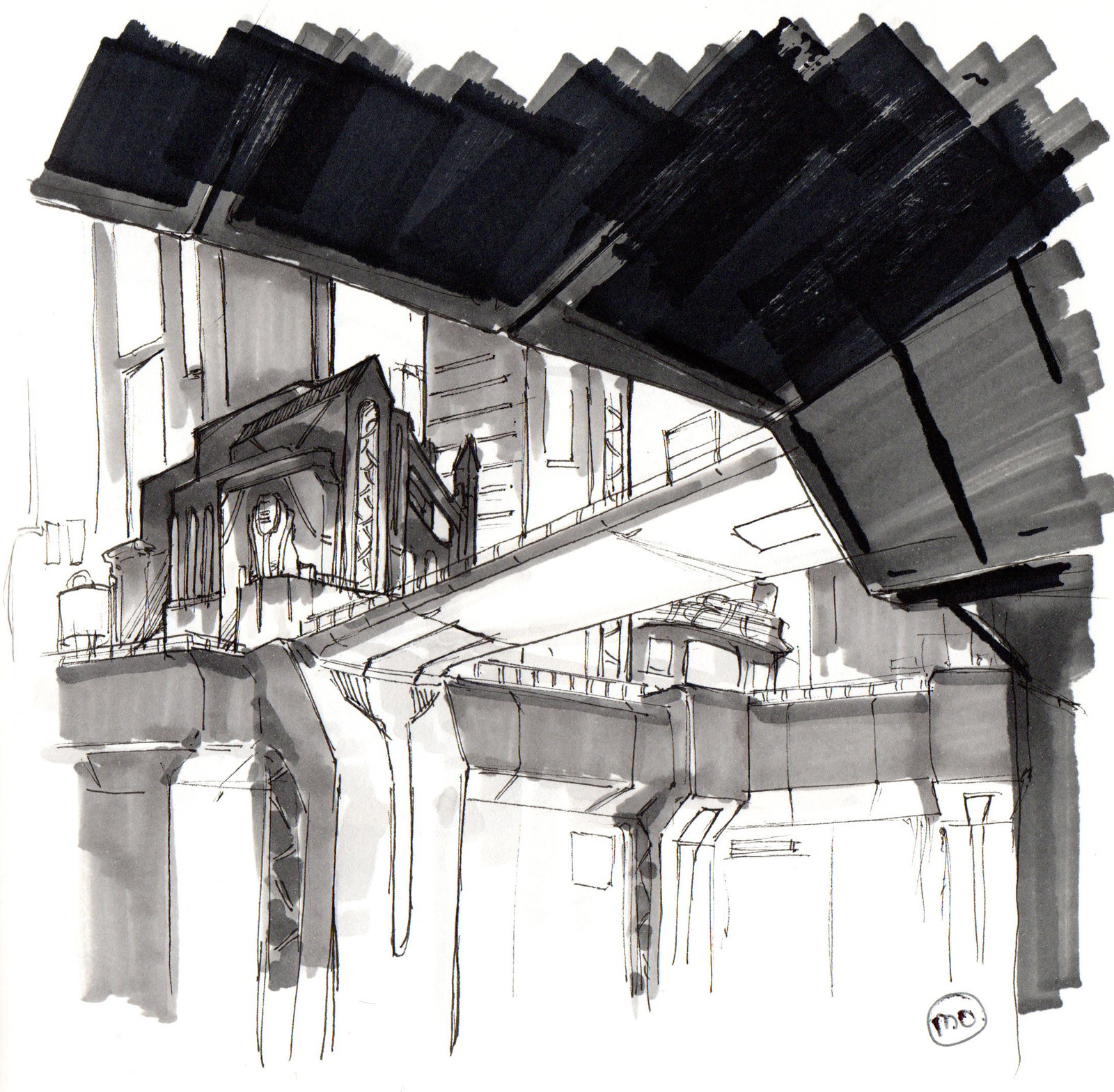 Old sci-fi cyberpunk city sketch
