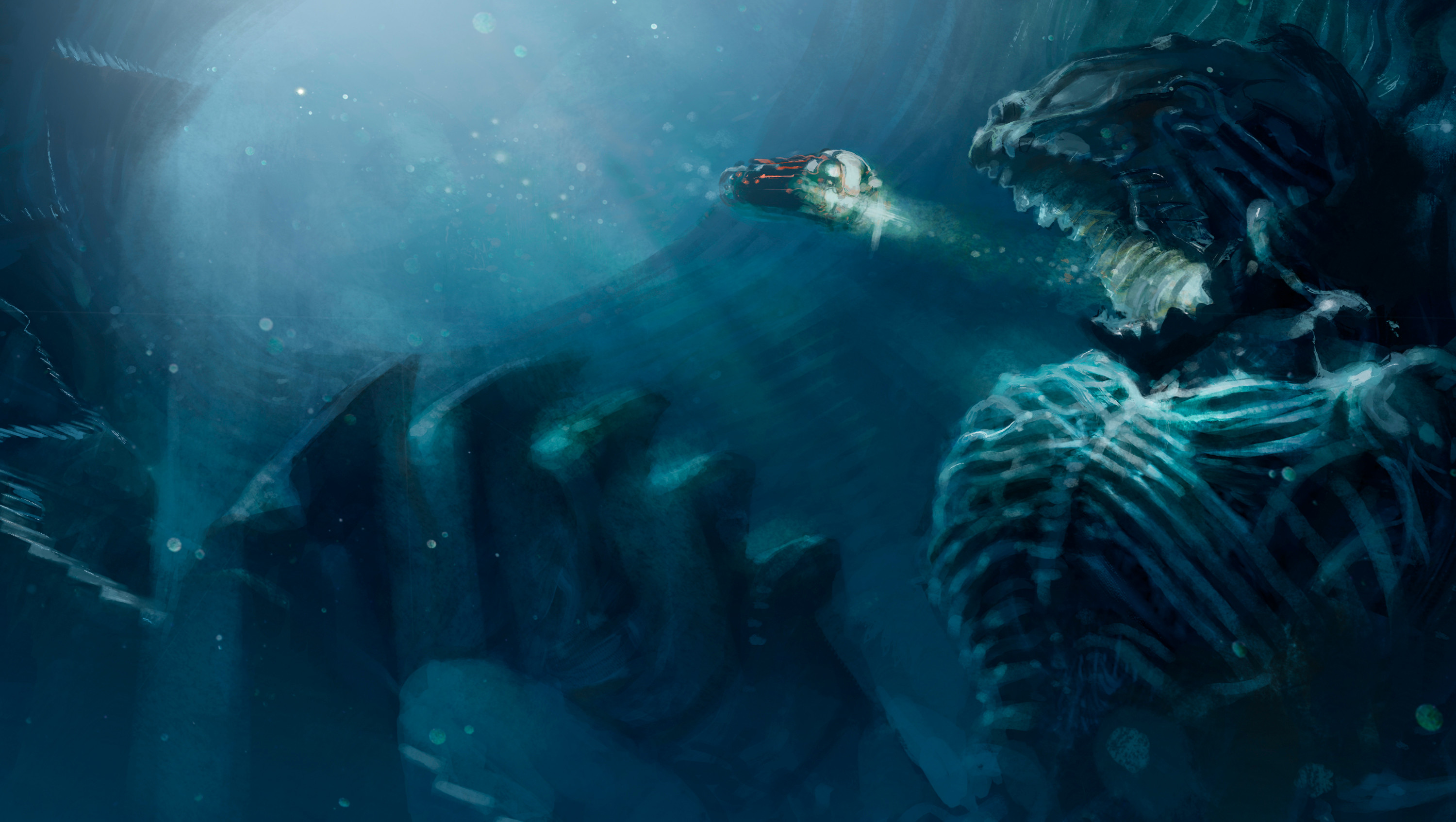 Kfr 01: Discovery.
A small submarine accidentally discovers a giant skeleton in a cave in the abyss.
An endless Lovecraftian ladder seems to descending into the depths.