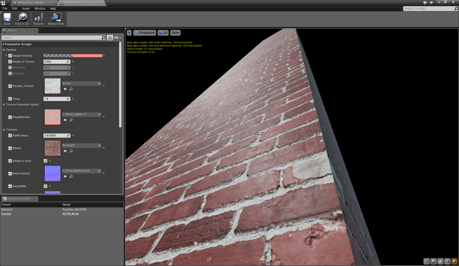 Brick material, an instance of my "parallax" master material that utilizes a parallax occlusion shader to fake high quality 3D extrusions. Note the heightmap in the parallax texture input.