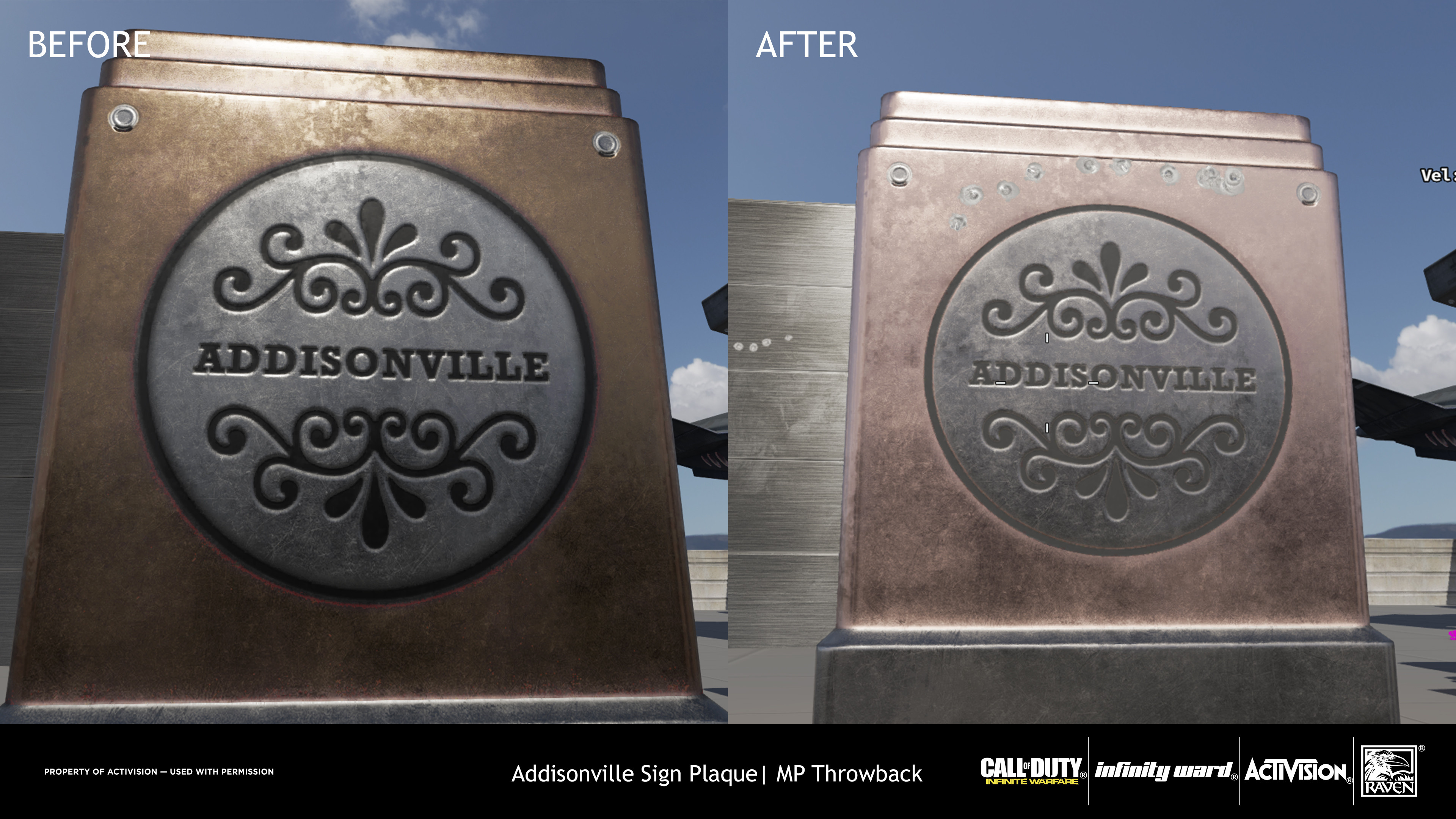 Specular values were adjusted to better match Iron metal, values for the lettering and outline were adjusted to not be dark. 