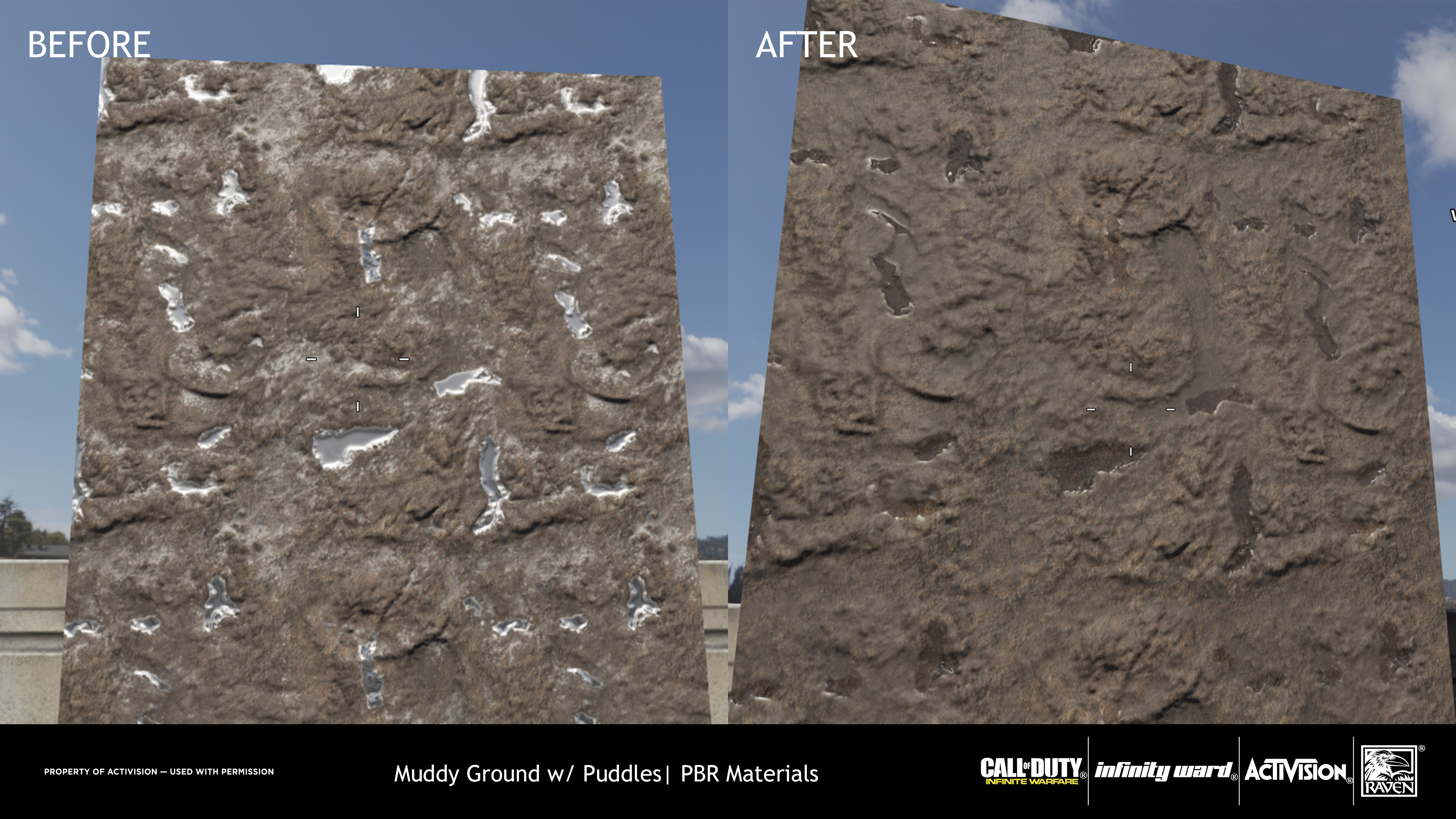 The values for the dirt were adjusted as well as the specular values for the puddles were adjusted to not appear as metallic. Diffuse was darkened in the puddles to affect porosity darkening.