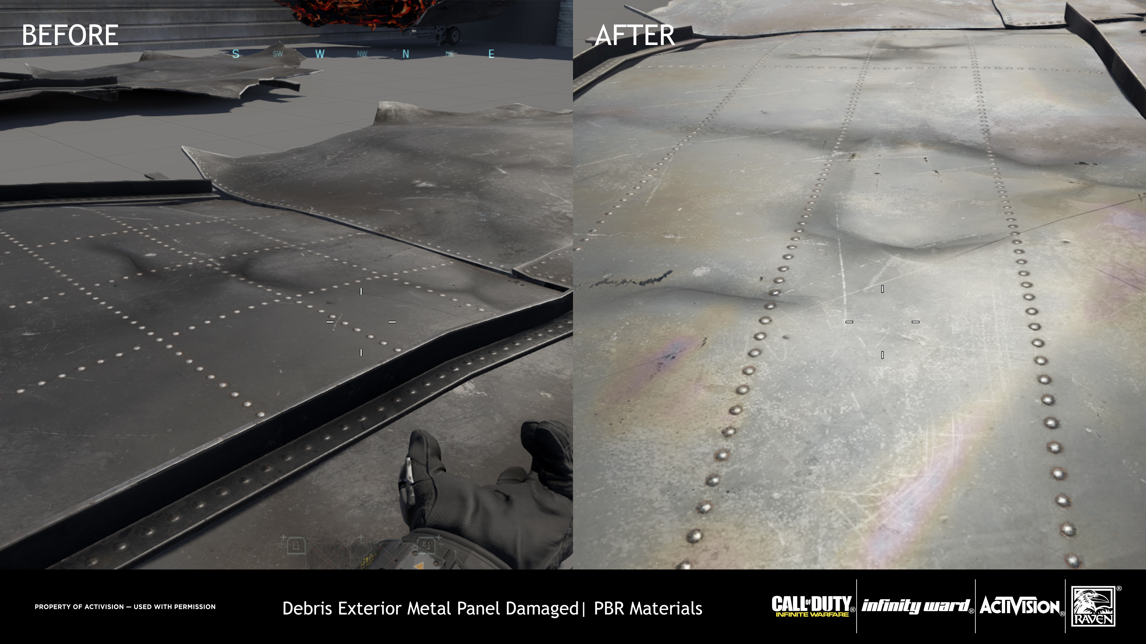 This was treated as a damaged metal were the diffuse could be at lighter value than black as well as the lowering of the specular value. Using a Specular Occlusion map generated from the Normal map, a mask for the Iridescence shader was applied.