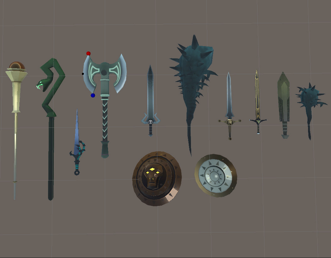 Some of the many weapons I made for the game.