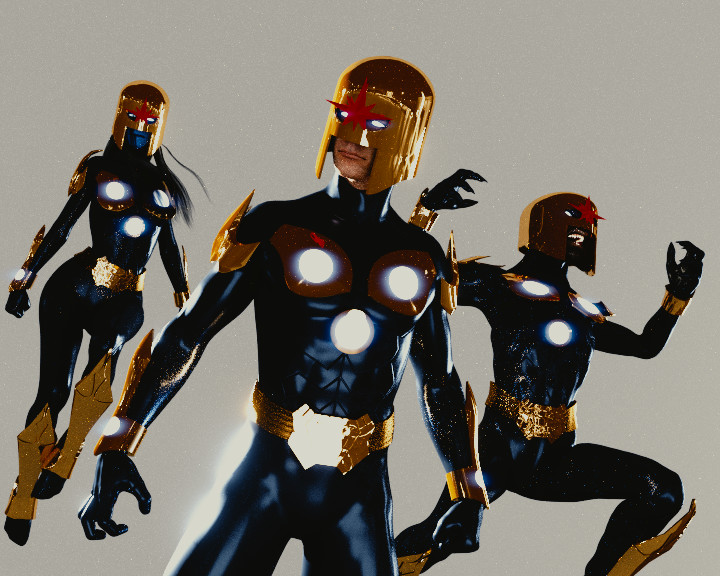 Working out the positioning for the background characters. Here you can see all the "fireflies" in the glossy materials in the Cycles render.