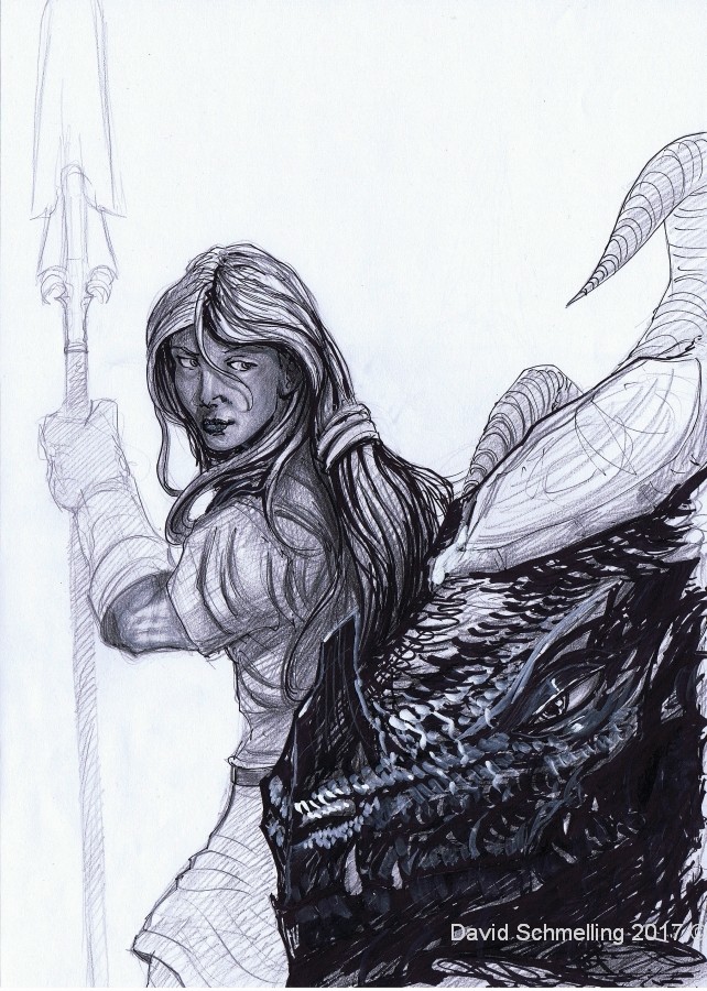 Lythena and a wyvern - test drawing