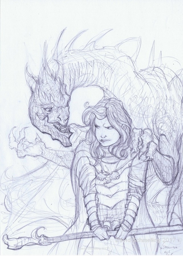 Syennara the mage and the dragon Jarf  rough drawing