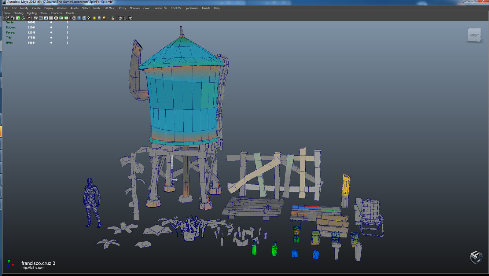 All assets as seen in Maya. Vertex coloring part of static mesh. Can be overridden in UE4 for more color variations.