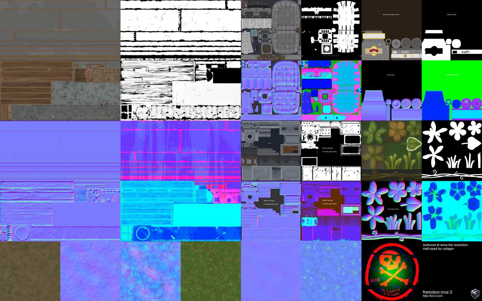 Collage of textures used. Main tower textures at 1024 x 1024 x 3 (Base color + mask in its alpha channel, normal, &amp; RGB pack to control metal, roughness, and ambient occlusion). Props using a 512 x 512 x 3.