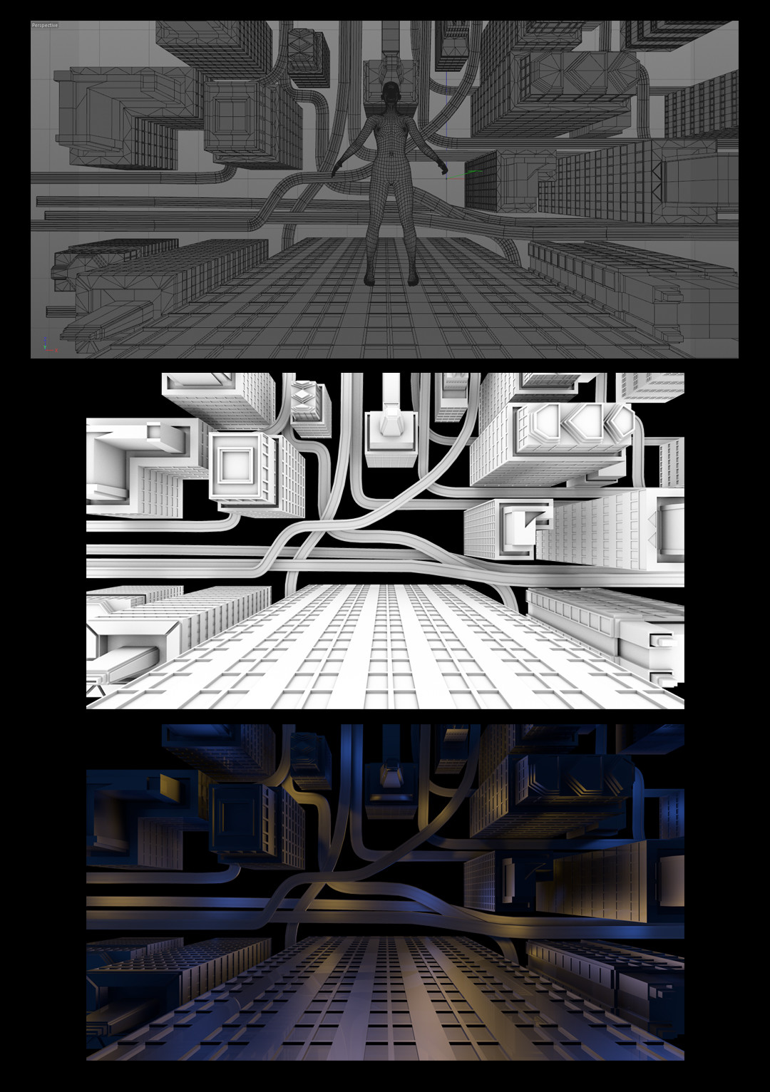 Few rendering steps from cinema 4D.
Ambient occlusion / Diffuse / Reflection with lights. 