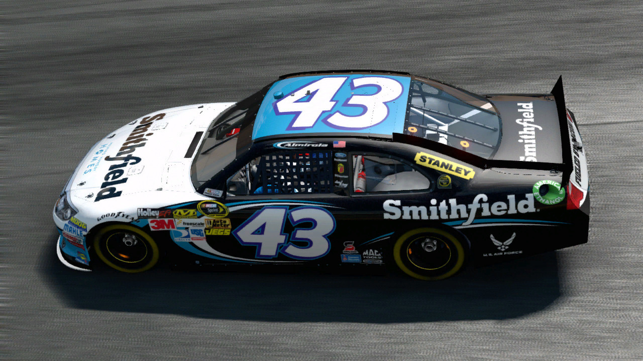 The 2012 #43 Smithfield car as seen in this screenshot from the 'NASCAR: Inside Line' video game 