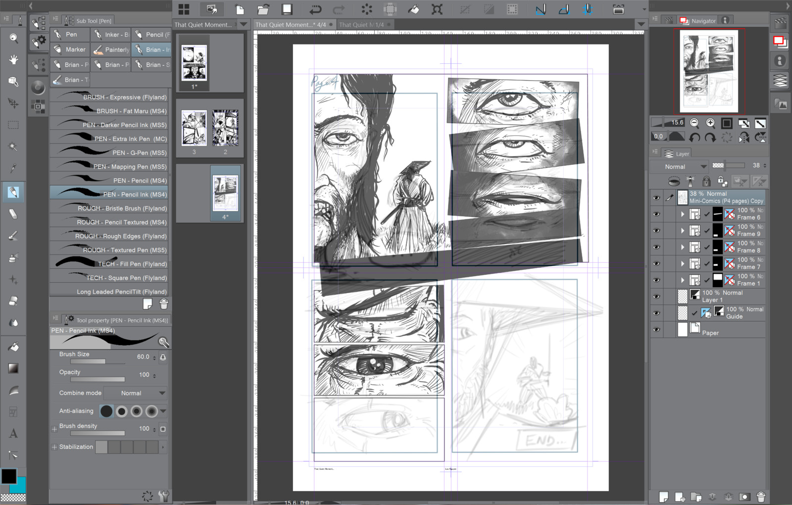 Inking each frame and adjusting the pacing for each page layout.