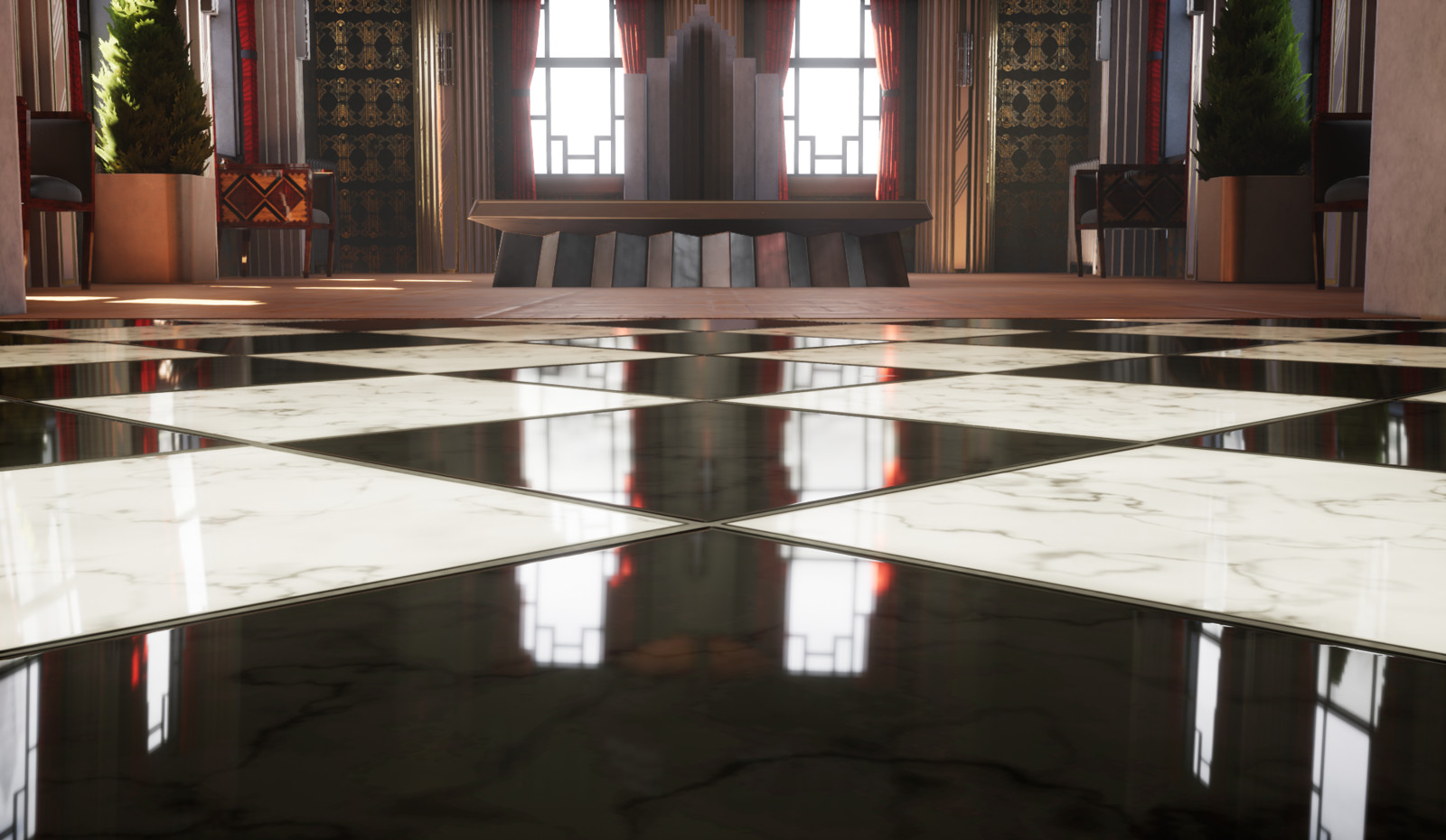 Tile material. Albedo and roughness was made with PhotoShop. Normal map was from high poly model with microscopically angled surfaces to create uneven reflections, such as what you'd commonly see on tile floors.